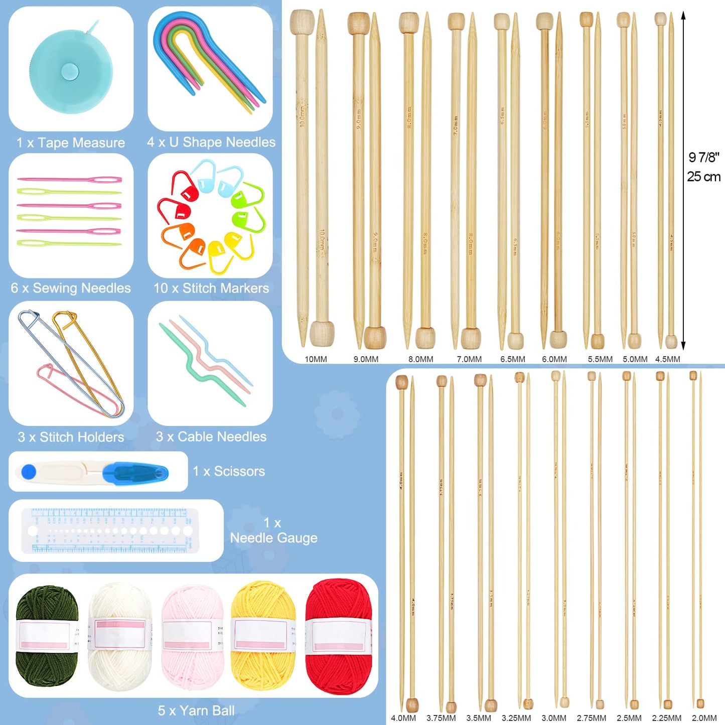 Coopay Knitting Kit for Beginners 71pcs | 2mm-10mm Single Pointed Knitting Needles Set | Bamboo Knitting Set with Yarn | Straight Knitting Needles, Storage Case, Knitting Accessories, Knitters Gifts