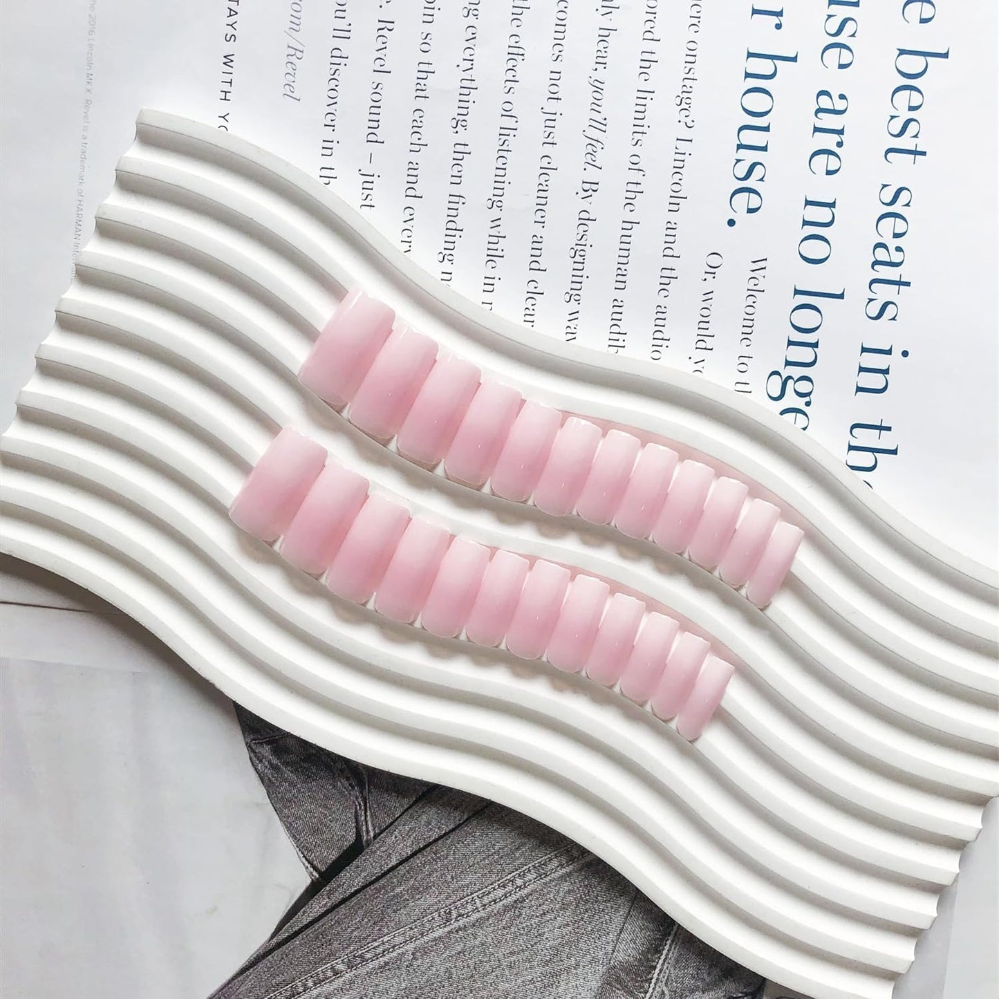 KQueenest Ombre Pink Press on Nails Long Medium Square, Gradient White French Fake Nails Medium Coffin, Glossy Acrylic Nails Press ons, Reusable Soft Gel Glue on Nails for Women Summer