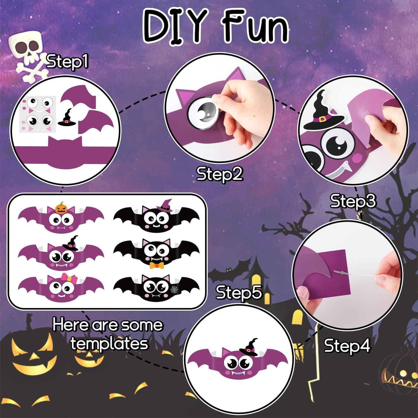 Qyeahkj 24 Sets Halloween Bat Paper Headband Crown Craft Kits Bat Theme Paper Crown Making Kit Easy DIY Art and Craft Crown Hats Halloween Party Supplies for Activities & Parties