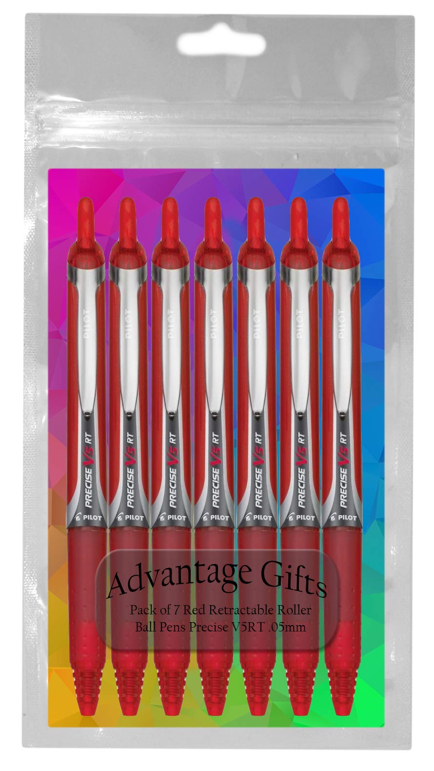 Advantage Gifts Precise V5 RT Retractable Rolling Ball Pens, Extra Fine Point (.5mm), Red Ink, 7-pk; Premium Comfort Grip, Bundle with Plastic Reusable Pouch