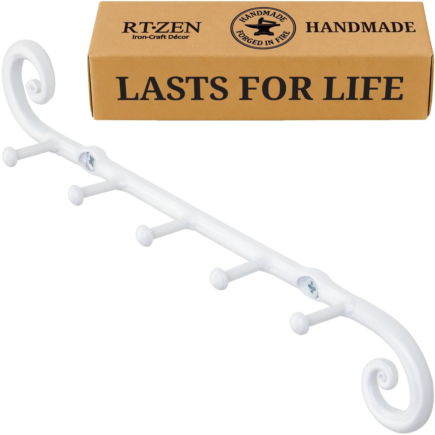 RTZEN Farmhouse Small Key Holder for Wall - Handcrafted Swirl Decorative 5 Key Hooks for Home Entryway - Wrought Iron Wall Mount Rack Purse Coat and Leash Holder or Organizer (Classic White)