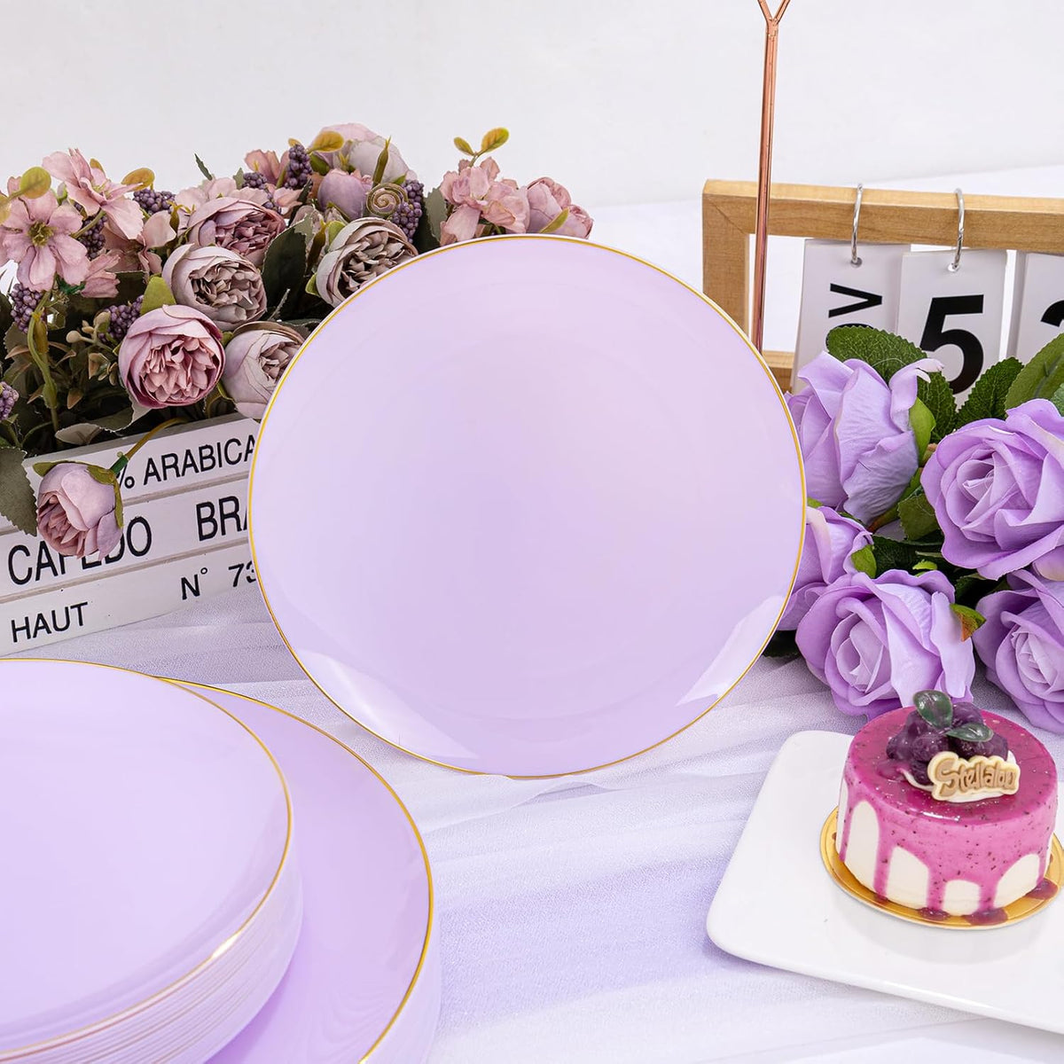 PULOTE 100PCS Purple Plastic Plates Disposable - Include 50 Dinner / 50 Dessert Plates Heavy Duty for Party, Wedding&Easter