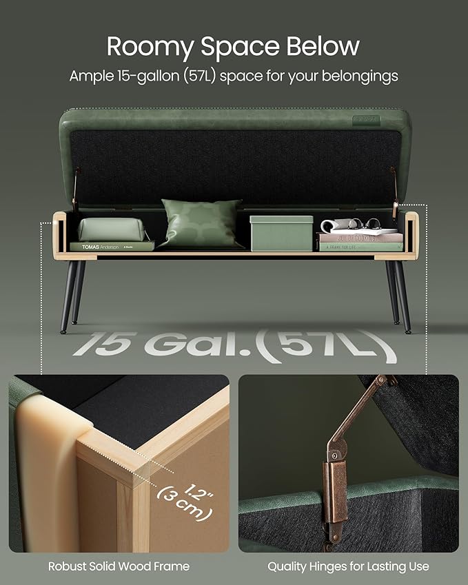 VASAGLE EKHO Collection - Storage Ottoman Bench, Entryway Bedroom Bench, 15 Gallons, Synthetic Leather with Stitching, Mid-Century Modern, Safety Hinges, Loads 660 lb, Forest Green ULOM074C01