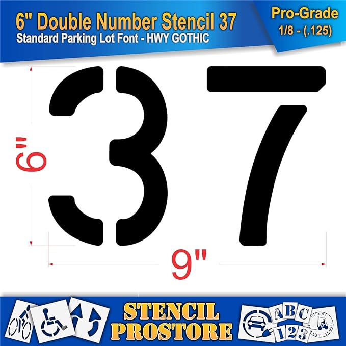 Pavement, Curb, and WheelStop Stencils - 6 inch Double Number Stencil - (37) - 6" x 9" x 1/8" (128 mil) - Pro-Grade