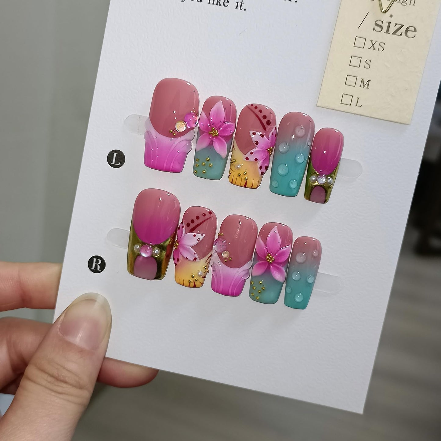 TENPAL Medium Square Press on Nails - Magenta Navy Blush Ombre 3D Floral Design Y2K Glossy False Nails for Women Girls, Acrylic Soft Gel Handmade Square Nails(S)