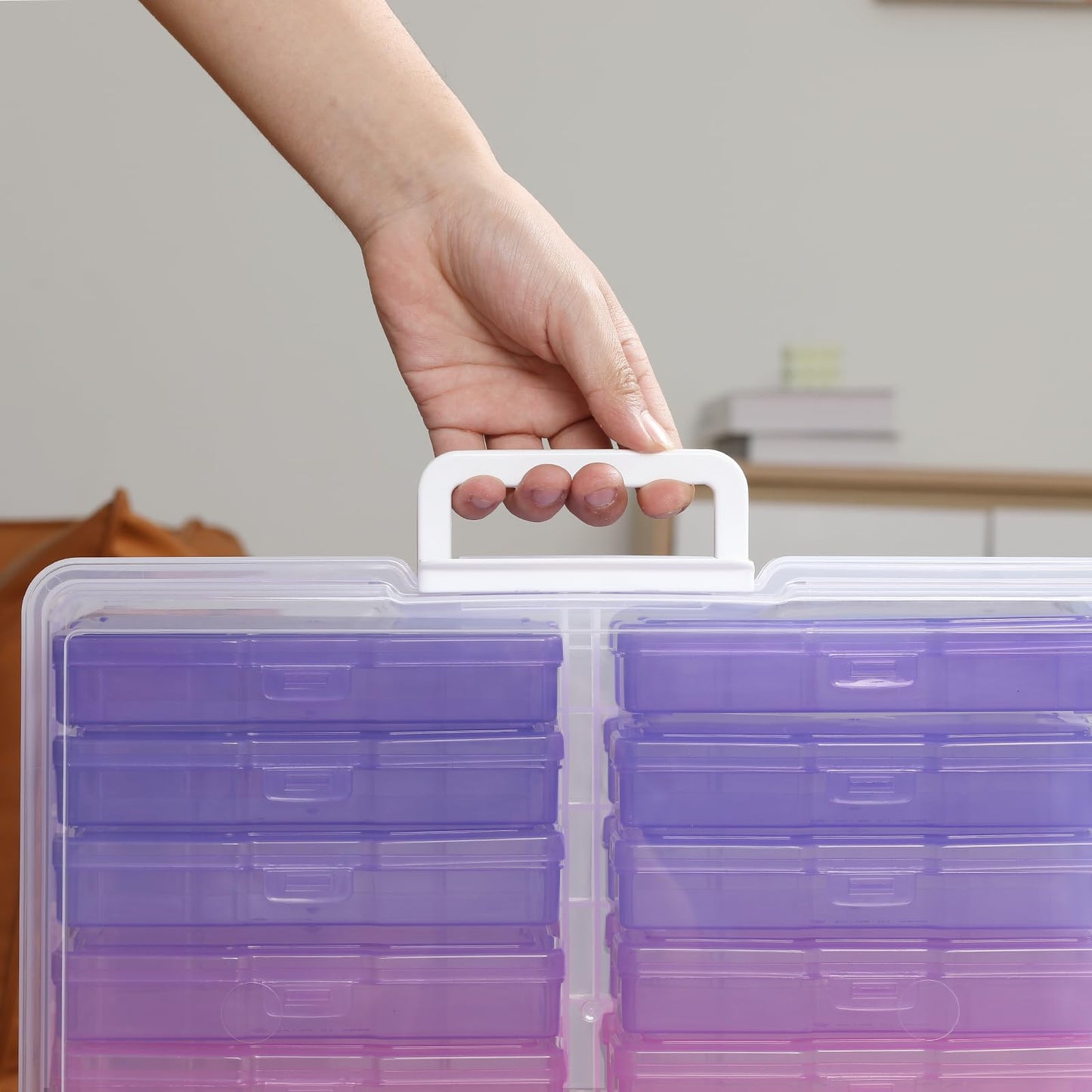 novelinks Transparent 4" x 6" Photo Cases and Clear Craft Keeper with Handle, 16 Inner Photo Organizers & Photo Storage Box, Plastic Photo Storage Containers (Pink Purple Gradient)