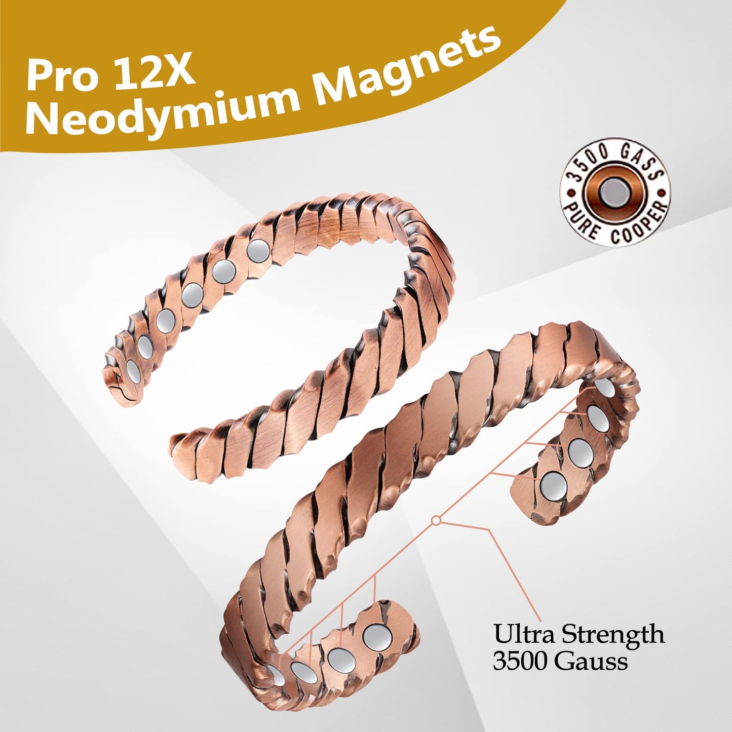 Feraco Copper Bracelets for Men, 12X Strength Pure Copper Magnetic Bracelet for Men with Neodymium Magnets, Adjustable Cuff Bangle (Woven)