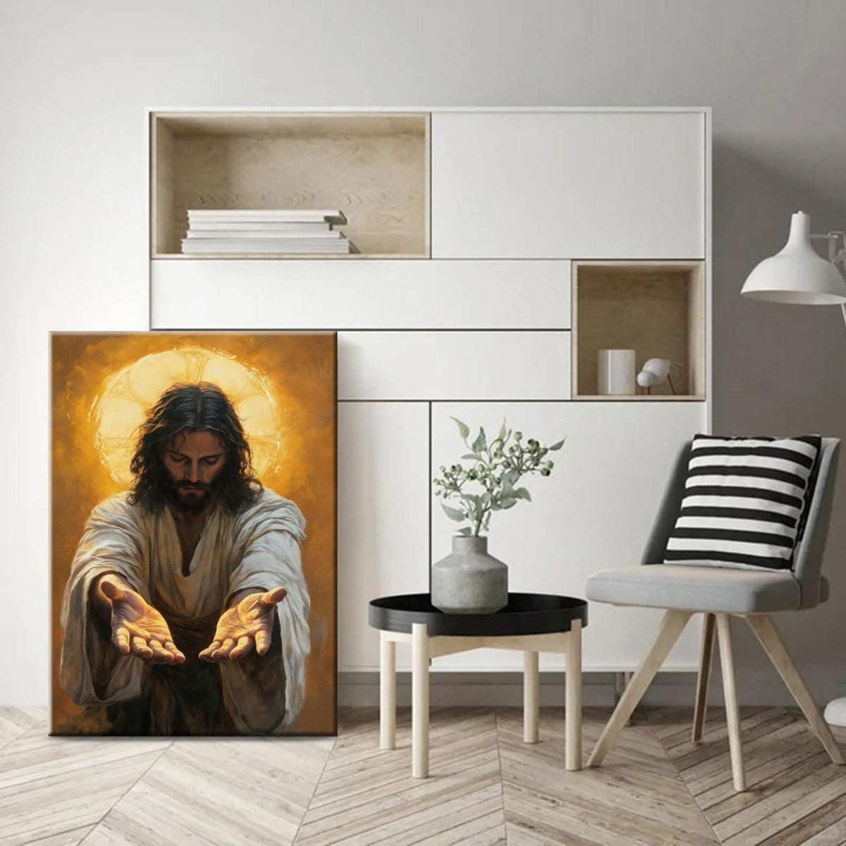 Framed Jesus Canvas Wall Art Painting with Gold Halo Christian Religious Poster Inspirational Christian Gallery Decor Painting Home Church Prayer Room Wall Hanging Print 16x24 Inch Ready to Hang