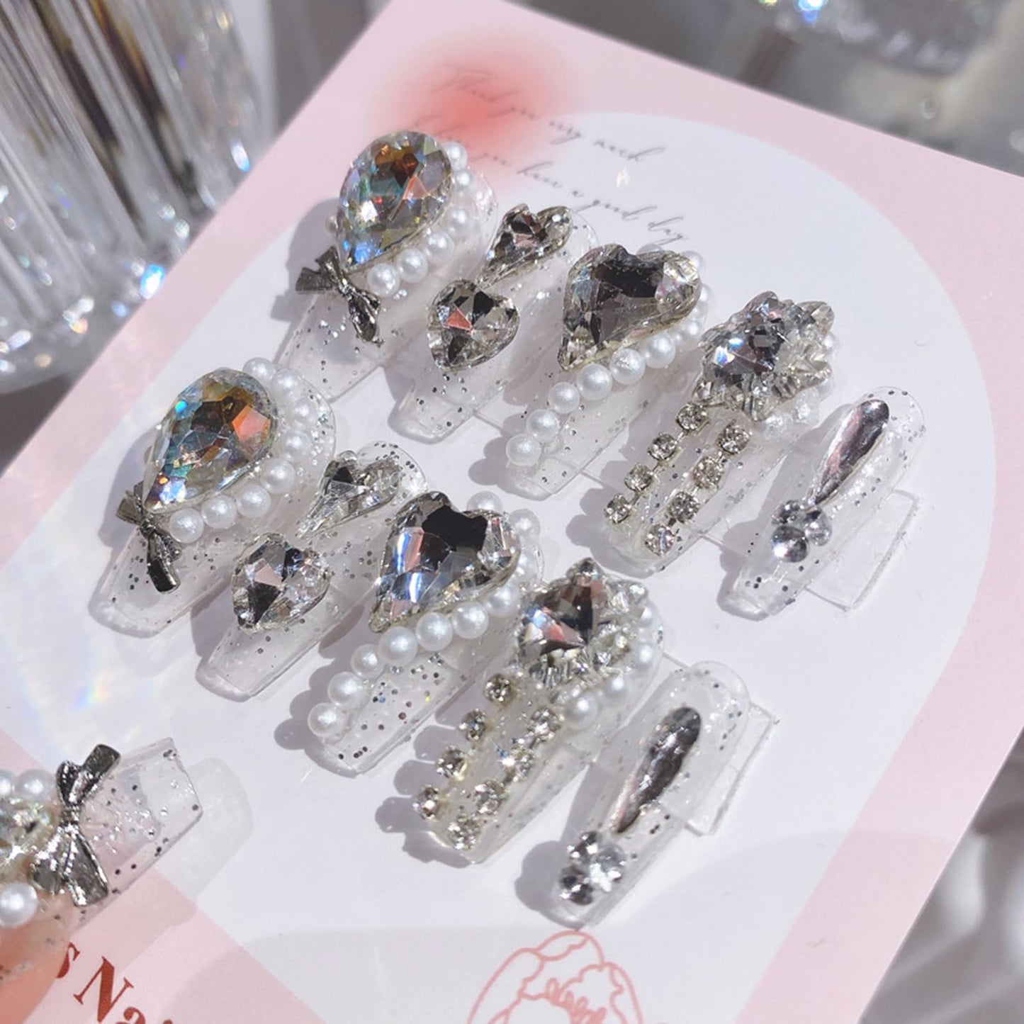 SINHOT Luxury Press on Nails - Long Coffin Fake Nails 3D Handmade Hearts & Pearls Reusable False Nails with Rhinestone Designs,DIY Artificial Nail Art, 24pcs