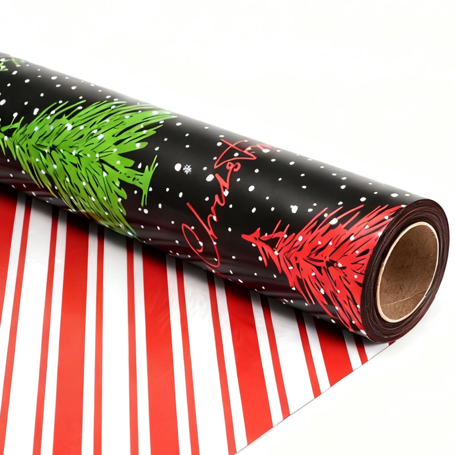 ZINTBIAL Christmas Tree Reversible Wrapping Paper Roll - Gift Wrap with Red & White Stripes on Reverse - Perfect for Holidays, Birthdays, and Halloween - 17.5 in x 33 ft (48 sq. ft)