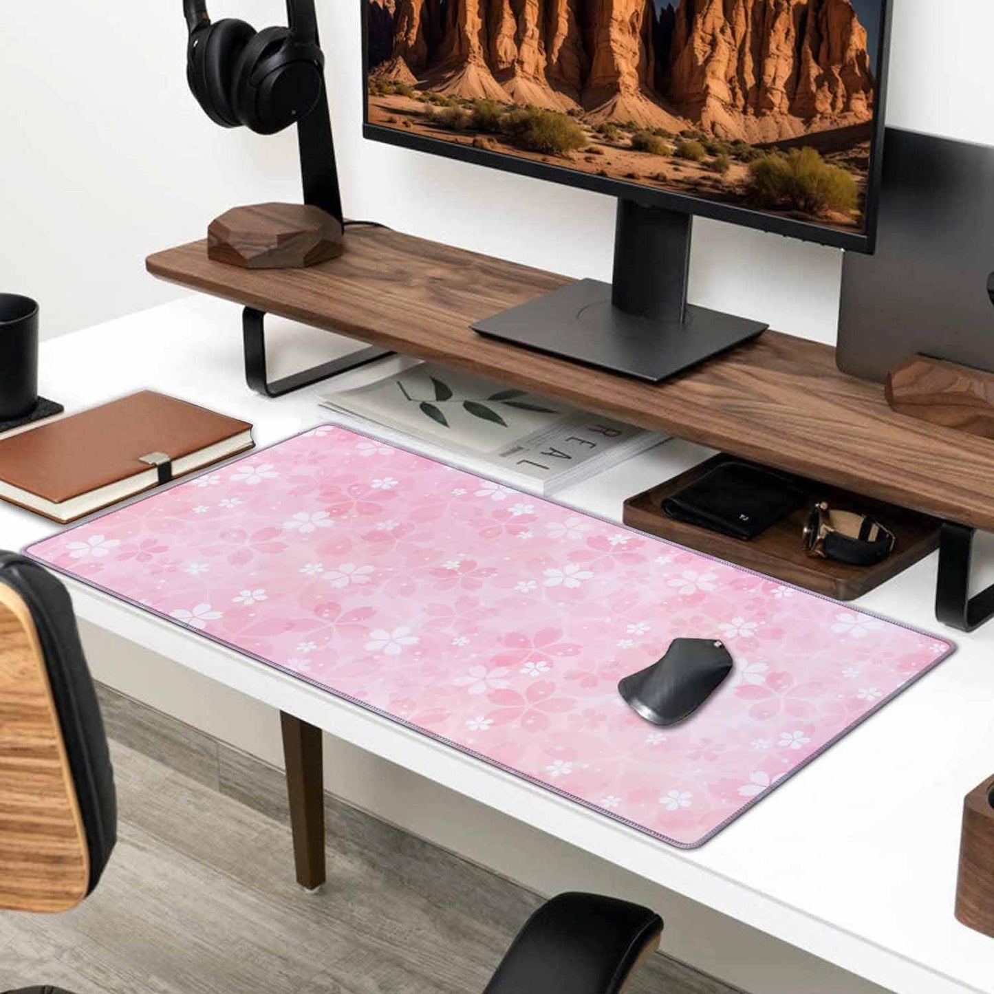 Gaming Large Mouse Pad with Stitched Edges, Cherry Blossoms Desk Mat, Extended Keyboard Pad, Non-Slip Rubber Base Desk Pad for Keyboard and Mouse, 35.4X15.7 inch