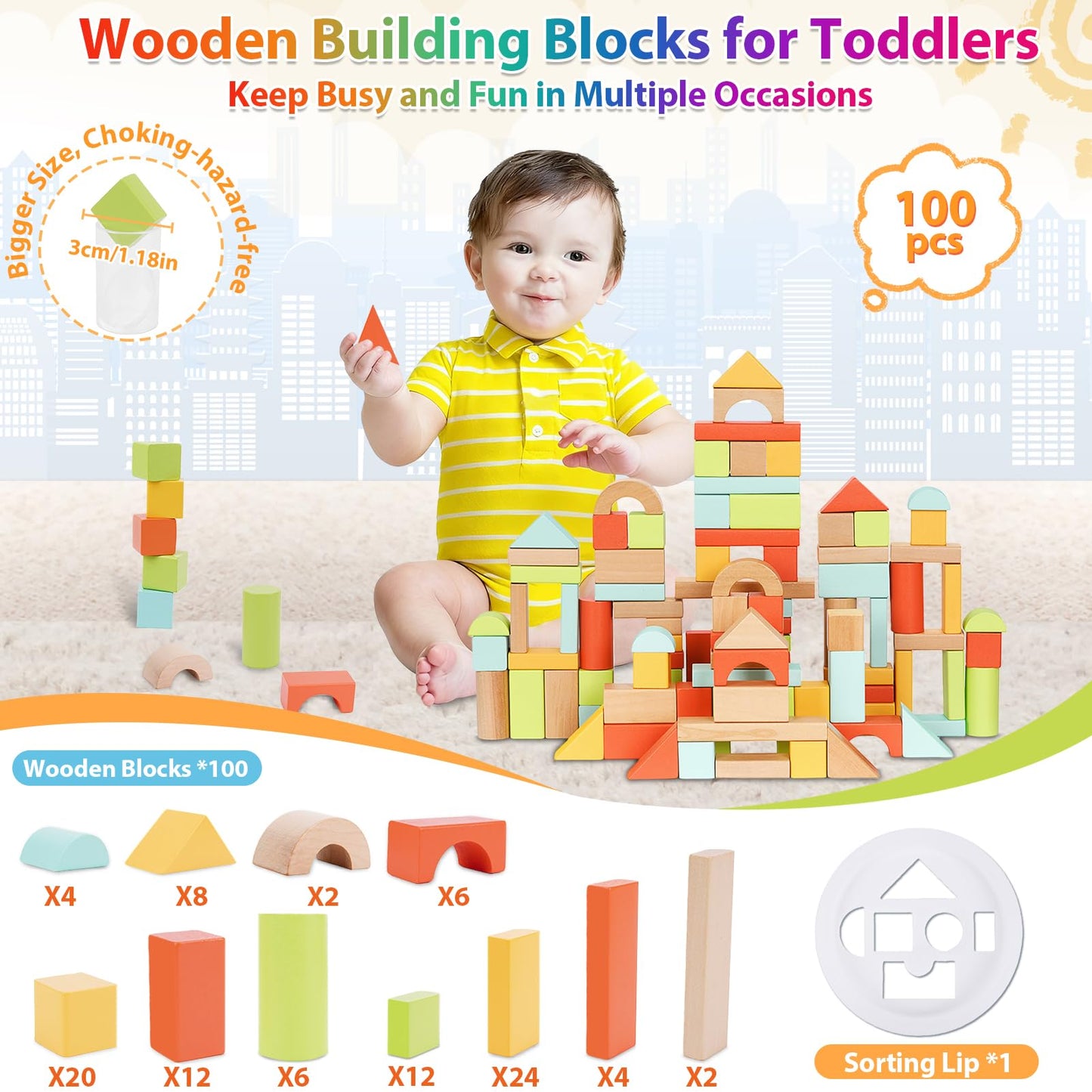 FCSONU Wooden Building Blocks for Toddlers 1-3, 100 Pcs Wood Blocks Set - Sorting & Stacking Toys with Storage and Lid, Kid Montessori Toys Ages 2+, Christmas 1st Birthday Gifts for Boys Girls Baby