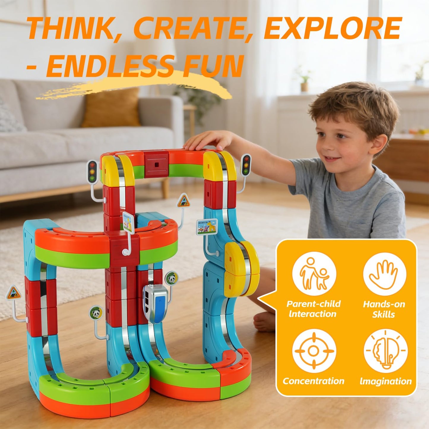 glouslove Kids Electric Train Set, DIY Track, Suitable for Children Aged 4-8,82 Pcs Car Track for Toddlers 3-5, Building Toy Train Track Gravity-Defying 3D Embedded Layouts & Motorized Car, STEM Gift