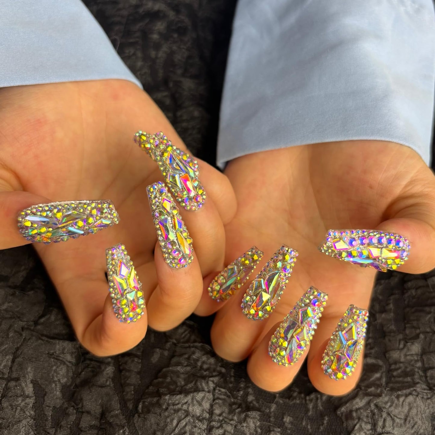 AKA Unicorn Trendy Handmade Press On Nails Long Square Shape,10Pcs Crystal AB Diamonds Acrylic Fake Nails with 3D Rhine Stone Luxury Design Stick On Nail for Woman Gift