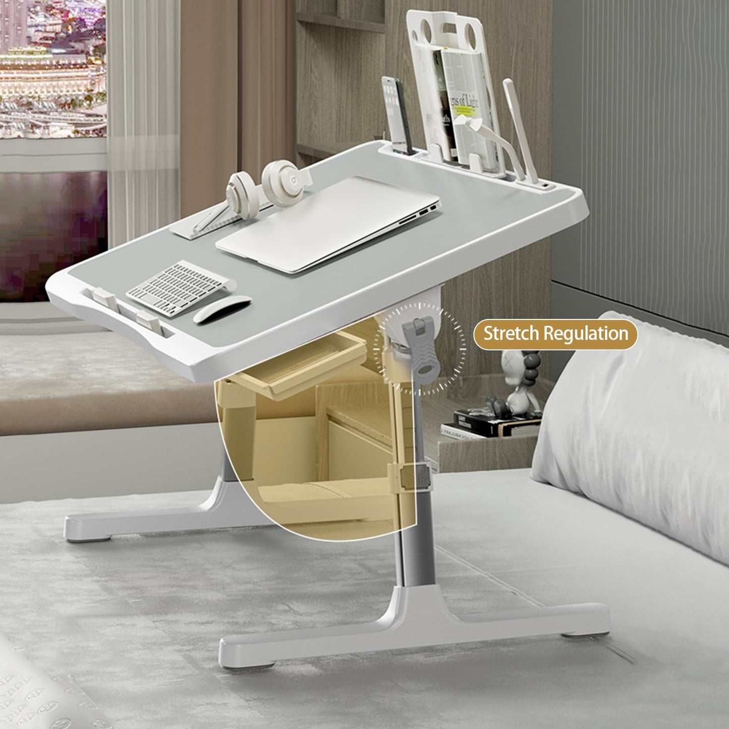 Laptop Desk for Bed, Adjustable Beds Table with USB Charge Port, Foldable Lap top Table with Storage Drawer, Portable Laptops Bed Desk Tray for Eating Working Writing Reading