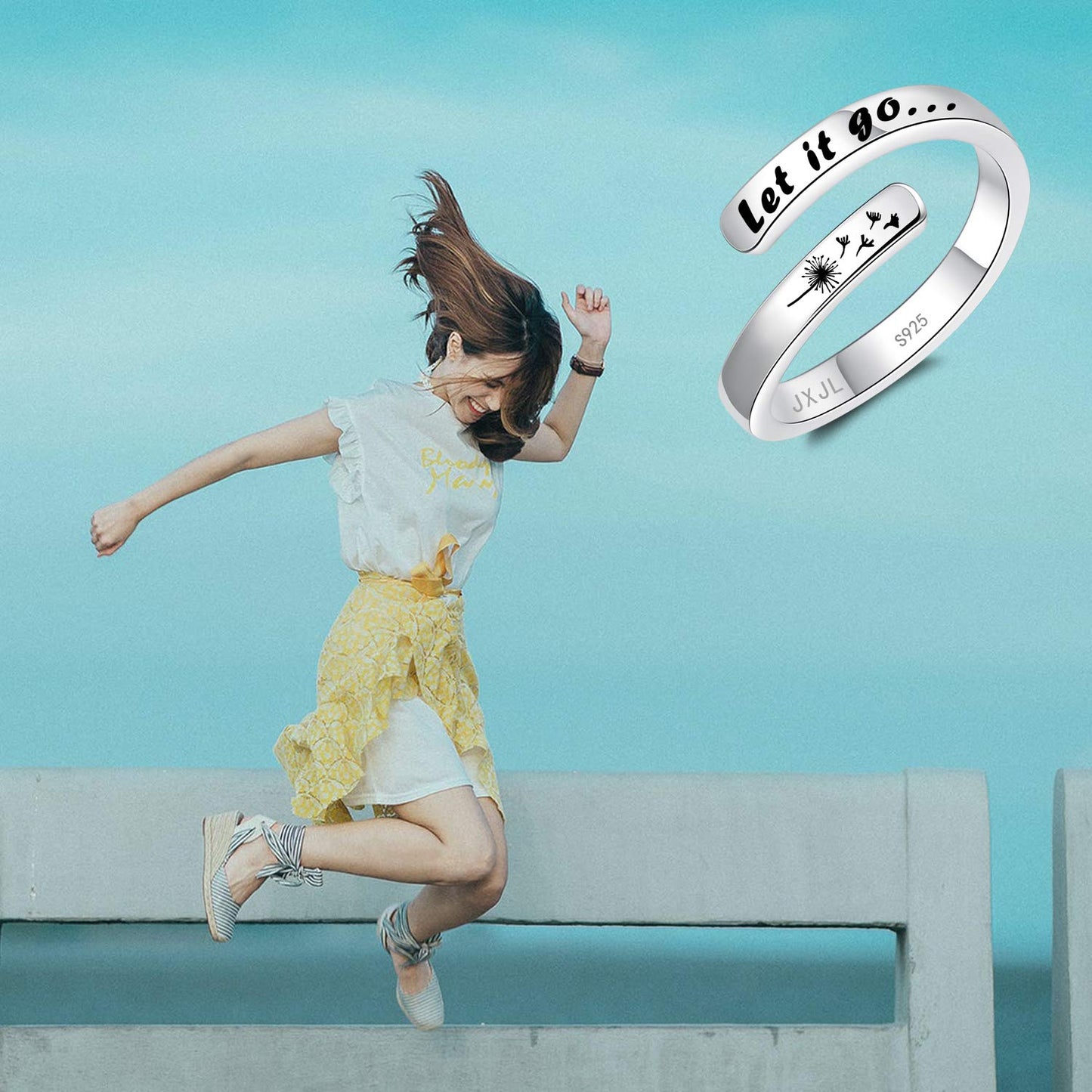 JXJL Silver Adjustable Ring Inspirational Jewelry S925 Sterling Wrap Open Ring for Women (Let it go)