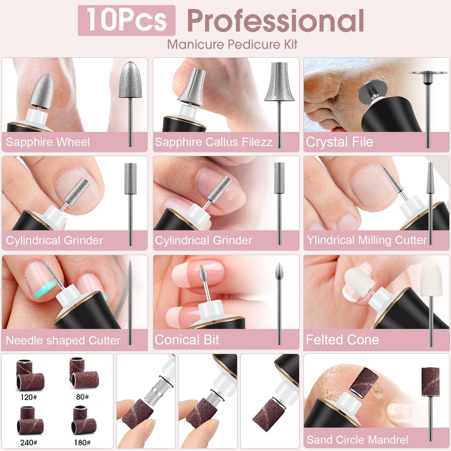 10pcs Nail Drill Bits Sets with 50Pcs File Sanding Bands, Professional Rotary Cuticle Remover Bits Kit Cuticle Remover Bits for Acrylic Nail Manicure Pedicure Tools