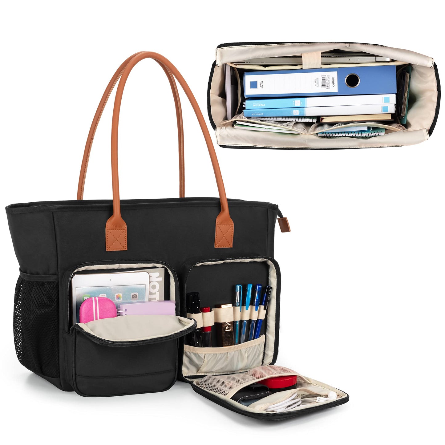 CURMIO Teacher Tote Bag for Women, Large Work Tote for Teachers, Laptop Messenger Bag for School, Black (Bag Only)