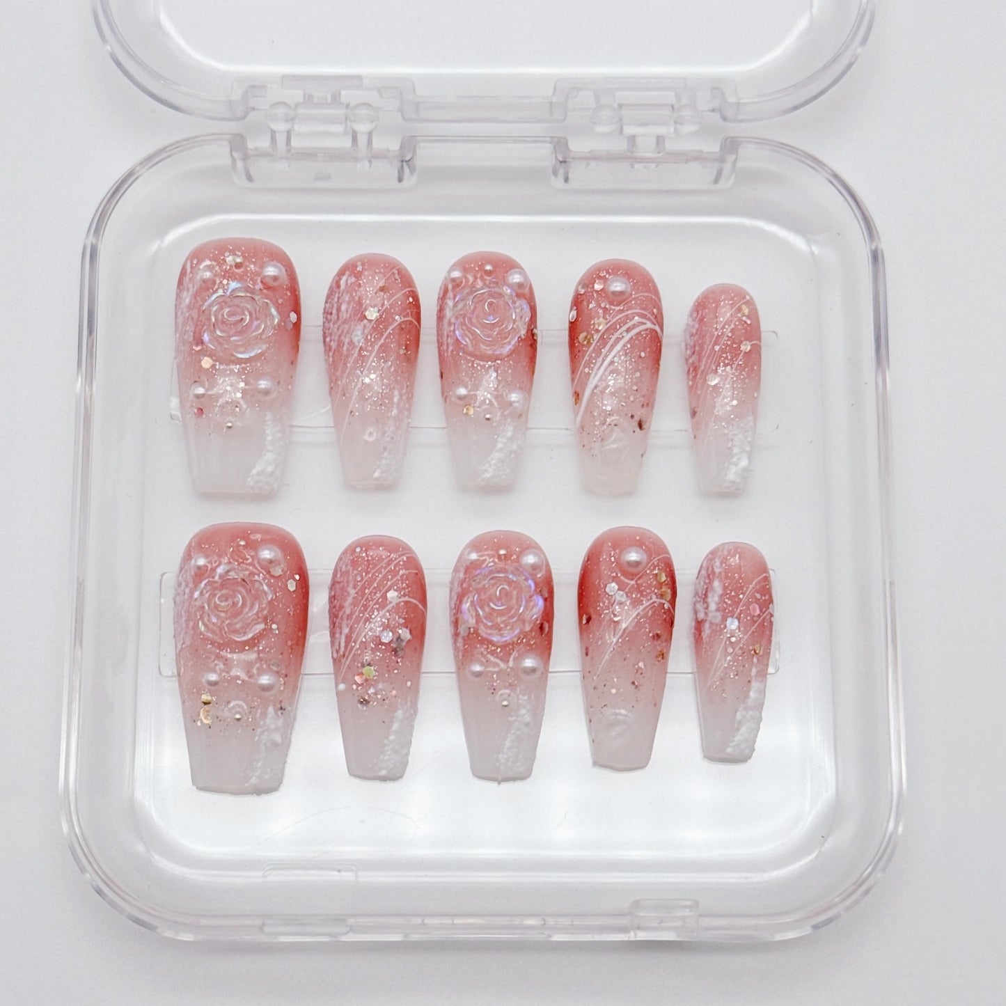 NLSJMP, 10 Nails, Size M, Handmade Long Balerina Press on Nails,Ombre Acrylic Fake Nails Kit,3D Glitter Pearl Design Nail Art Kit,Reusable False nails, Include Toolkit, Camellia