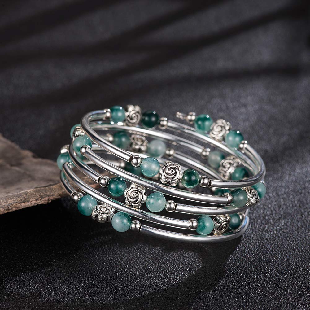 BULINLIN Wrap Bangle Rose Bead Bracelet - Beaded Bracelet with Natural Agate Stone Gifts For Women(01-Jade green)