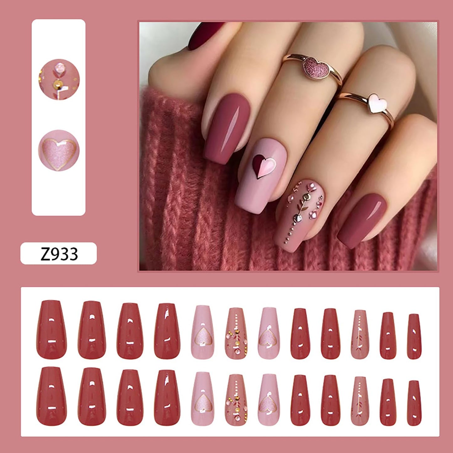 24Pcs Love Heart Press on Nails - Medium Square False Nails, Solid Color, Rhinestones Design, Coffin Acrylic Nails, Full Cover Press Ones, Artificial Nails for Women