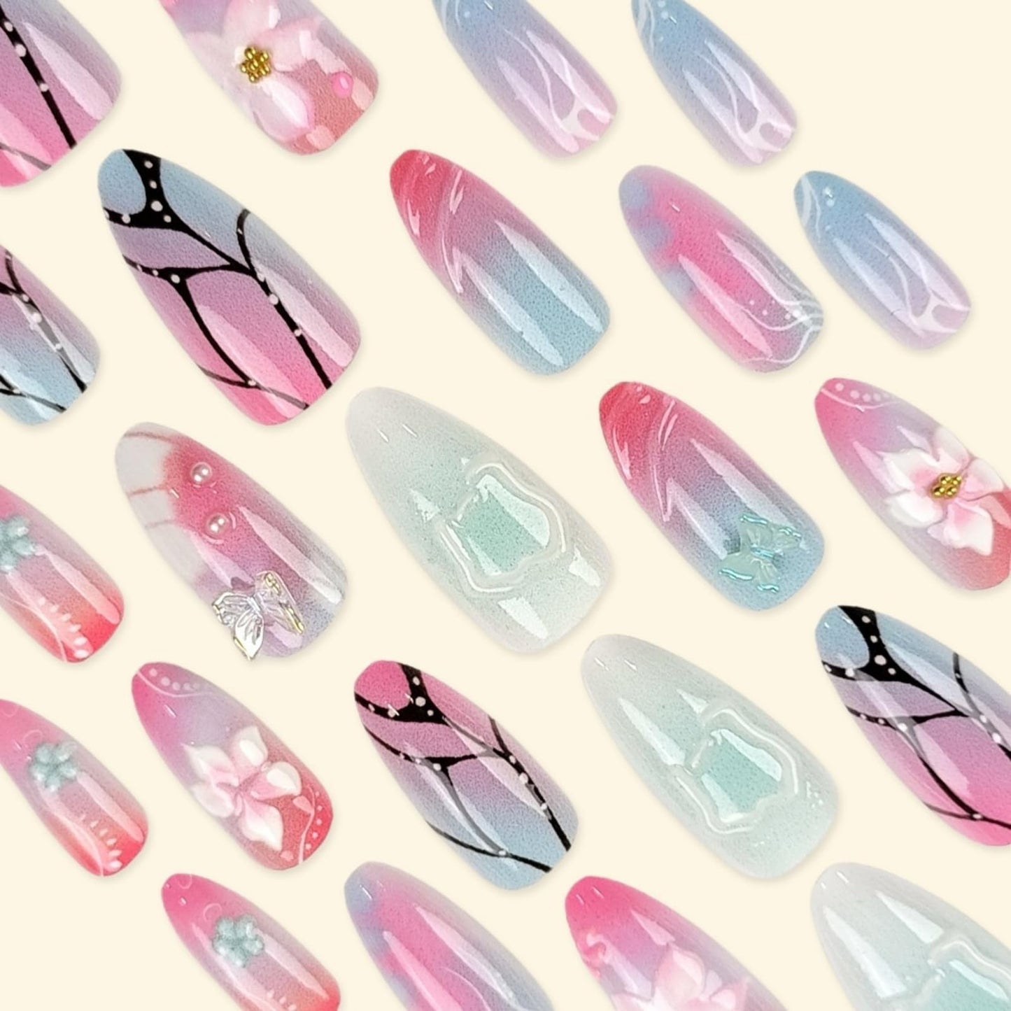 Short Press on Nails Almond Fake Nails Ombre False Nails Cute Artificial Nails with 3D Flora and Butterfly Designs Acrylic Nail Press ons Pink Flowers Stick on Nails for Women 24pcs