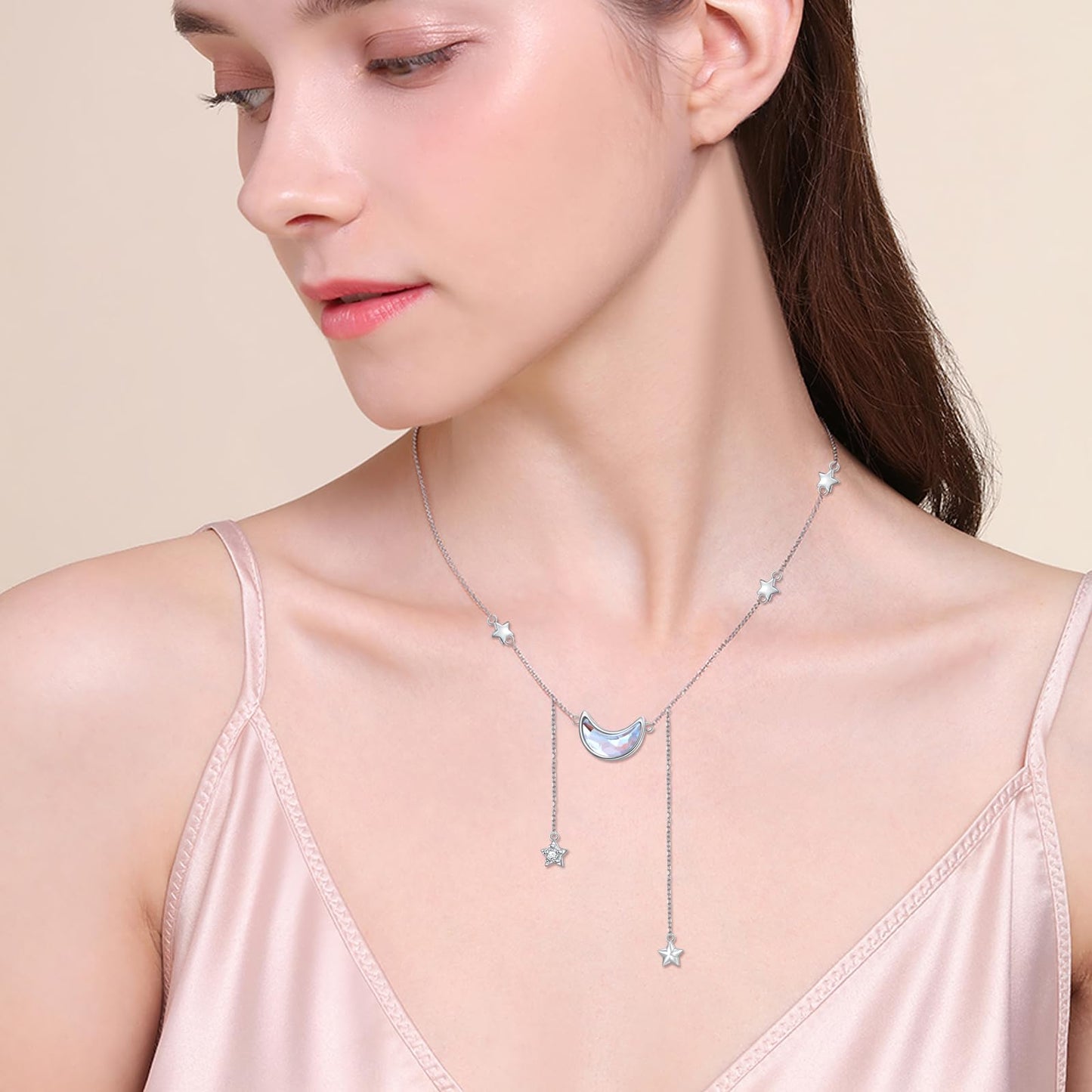 Ladytree 925 Sterling Silver Crescent Moon and Stars Celestial Jewelry CZ Created Moonstone Pendant Necklace Rolo Chain 18 inches to 20 inches