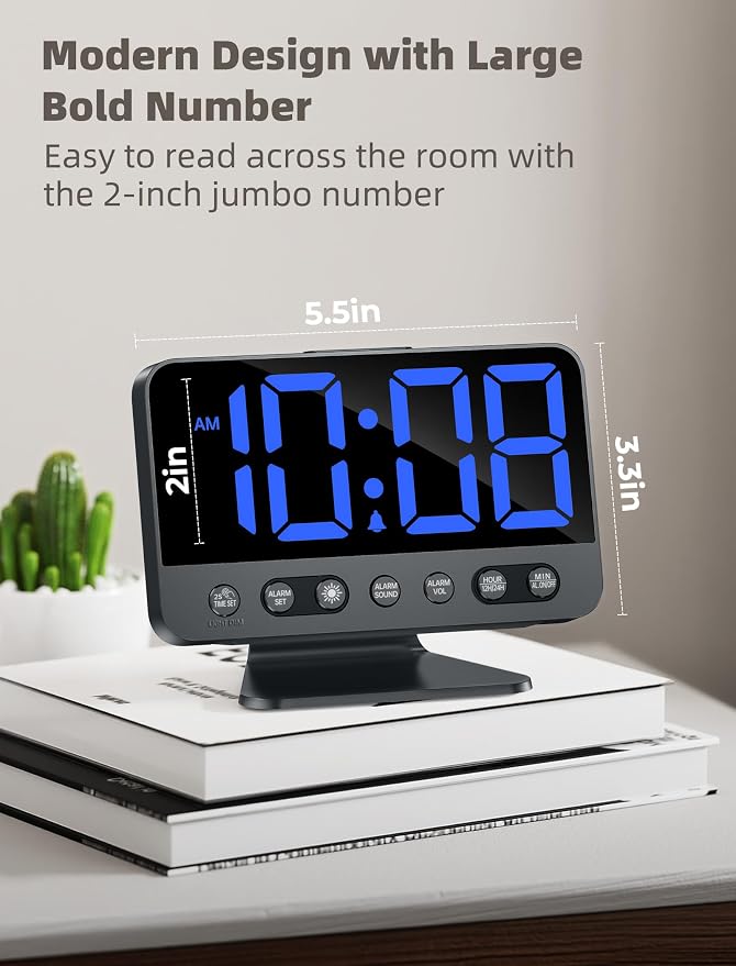 Odokee Digital Alarm Clocks for Bedrooms with Large Bold Number | Electric Desk Clock with Night Light & Brightness Dimmer - Loud Alarm for Heavy Sleepers with Adjustable Volume - Blue