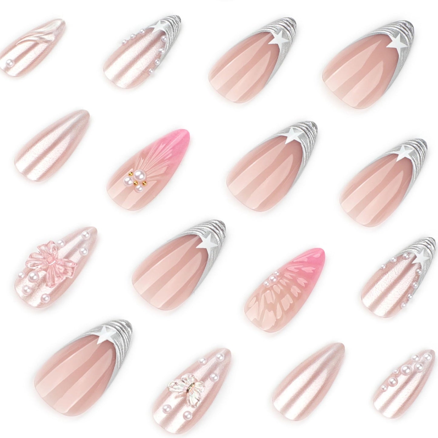 octoswave Press on Nails Almond Medium Pink Chrome French Tip with 3D Bow Butterfly Pearl Design Fake Nails for Women Party Wedding 24Pcs