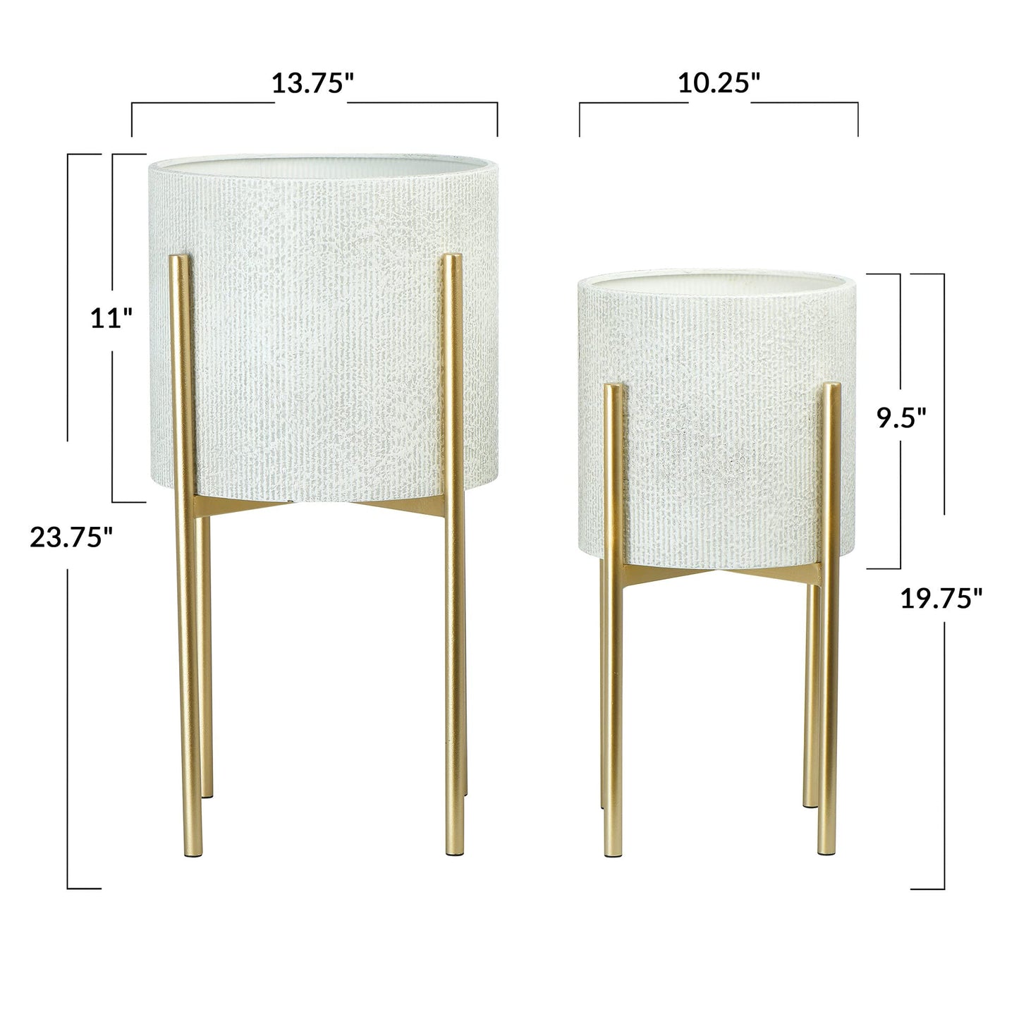 Main + Mesa Modern Boho Embossed Metal Planters with Stands, White and Gold, Set of 2 Sizes