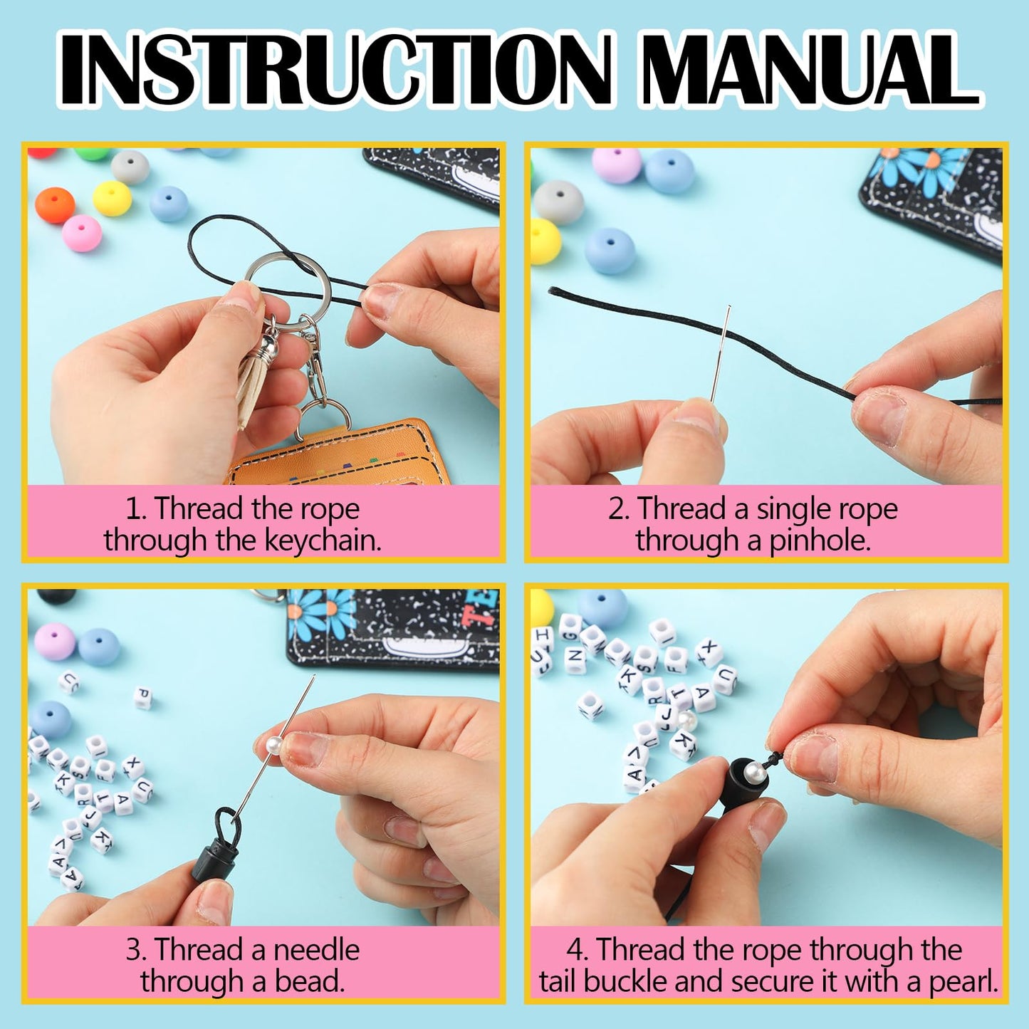 Gueevin 4 Sets/279 Pcs DIY Name Teacher ID Badge Holder with Lanyard Keychain Making Kit DIY Teachers Appreciation Gifts Cute Silicone Bead Lanyards Making for Teacher Office Graduation Supply Gifts