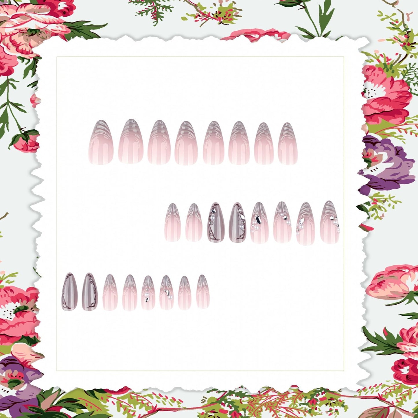 Press on Nails Medium Length Artificial Acrylic French Silver Irregular Lines 3D Ripple with Rhinestones Pearl Design Glitter Almond Glue on Stick on Nail Artificial Fingernails for Women Manicure