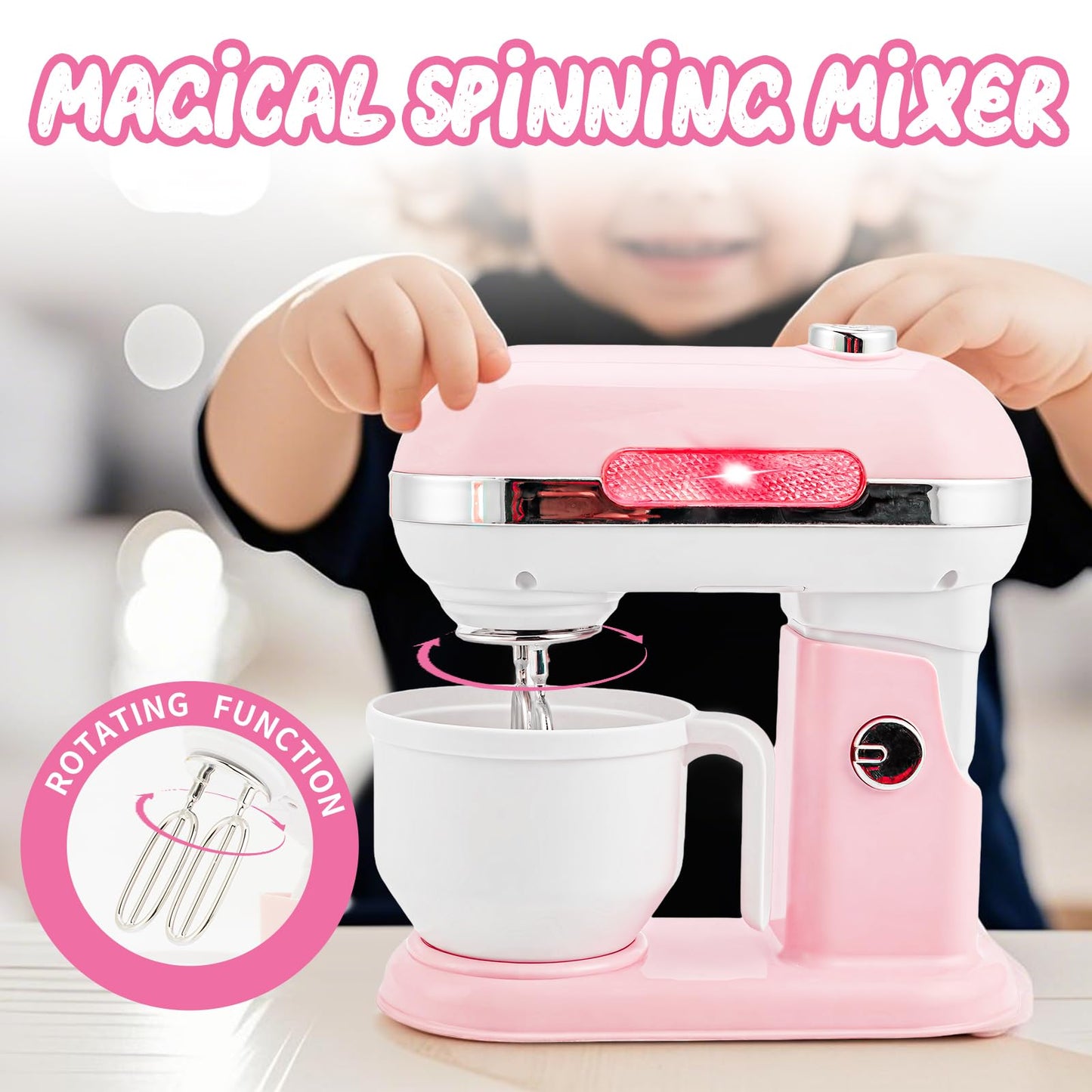 Play Kitchen Accessories,Toy Kitchen Appliances with Blender,Coffee Maker,Mixer,Toaster,Kids Kitchen Playset with Sound & Light,Play Kitchen Sets for Kids Ages 4-8,Pink Kitchen Toys for Girls Ages 3-5