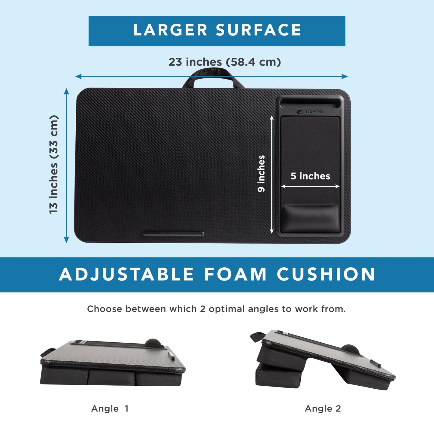 LAPGEAR Extra Large Adjustable Lap Desk – Fits Laptops up to 17.3”, Adjustable Cushion, Memory Foam Wrist Rest, Mouse Pad, Device Ledge, & Phone Slot – Black Carbon - Style No. 88108