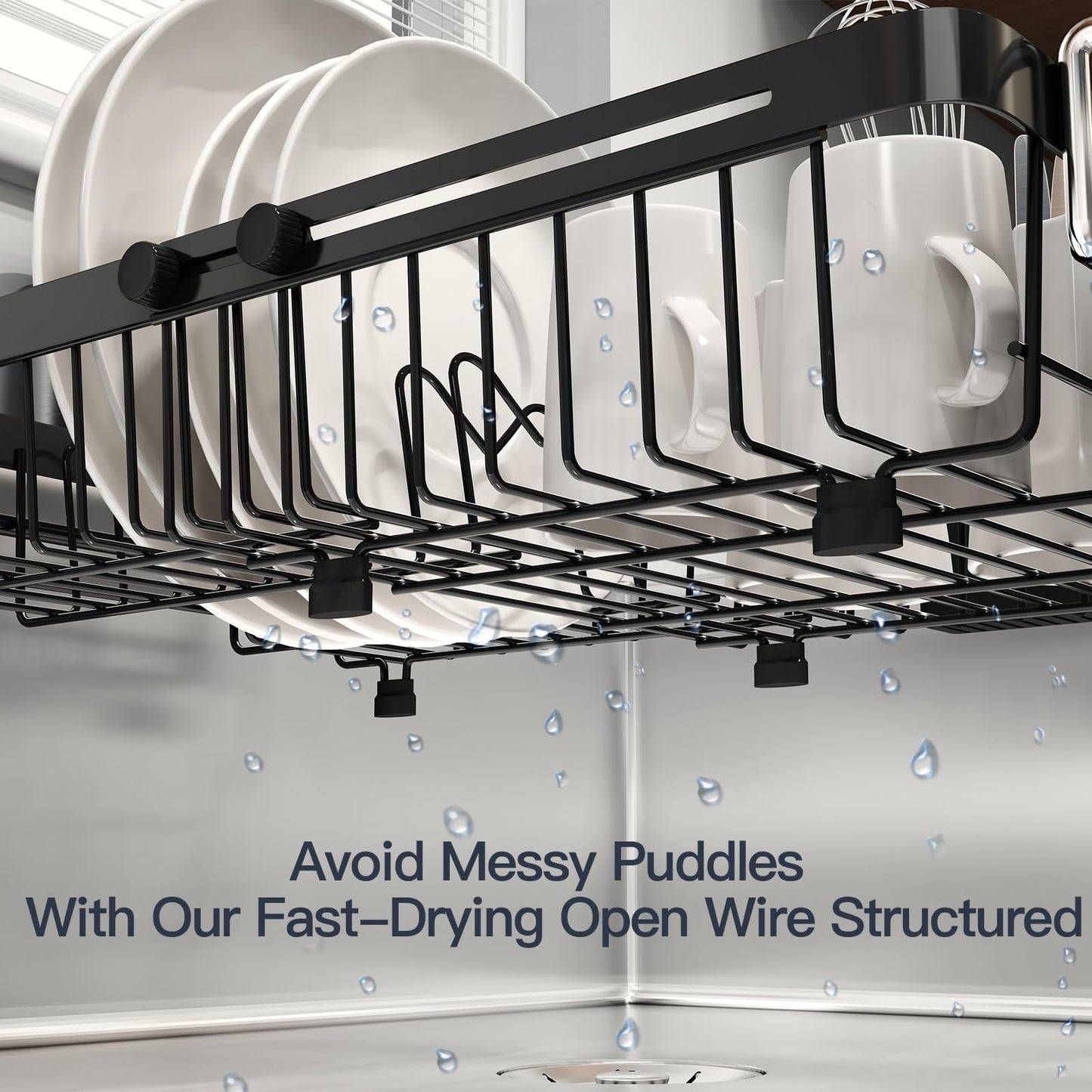 MAJALiS Expandable Stainless Steel Over The Sink Dish Drying Rack for Small Kitchen Counter Space Saving, Compact RV Plate Drainer Strainer in Black Wire Metal with Hanging Adjustable Utensil Holder