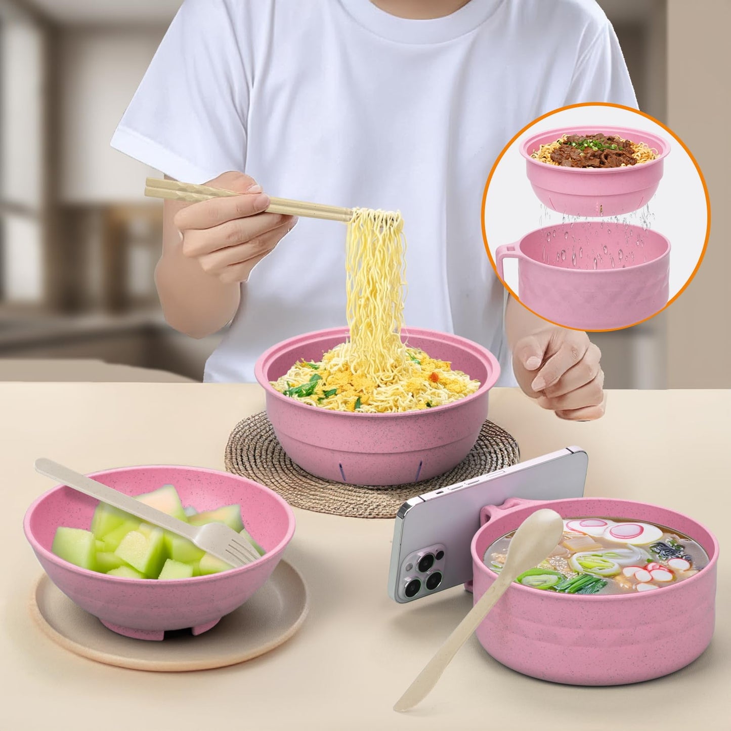 MUUBOOX Ramen Cooker,32oz Ramen Bowl Set,Microwave Ramen Bowl, Microwave Bowl with Lid, Portable Noodle Bowls,for Home Office Dorm Room College gift (Pink)