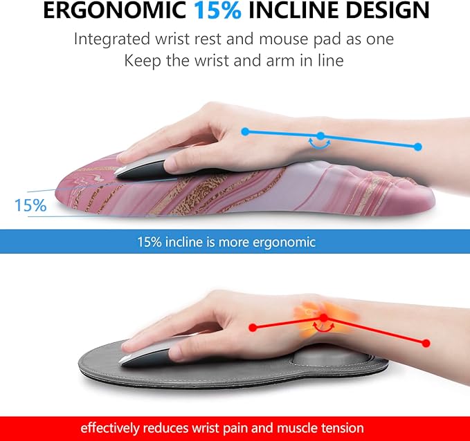 Mouse Pad Wrist Support, Laokiiy 2 in1 Keyboard Wrist Rest+ Ergonomic Mouse Pad, Non-Slip Wrist Rest for Computer Keyboard, Made Easy Typing & Relieve Wrist Pain(Rose Gold Pink Marble)