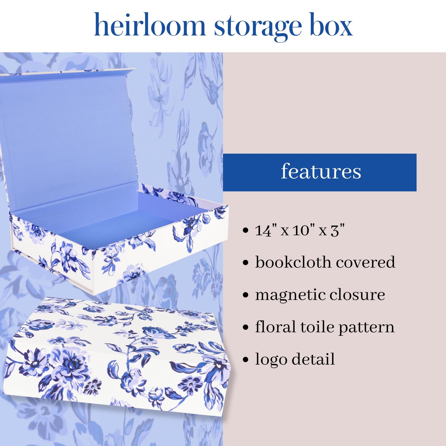 kate spade new york Heirloom Storage Box, 14" x 10" x 3" Decorative Organizer for Keepsakes, Greyboard Gift Box with Bookcloth Cover (Floral Toile)