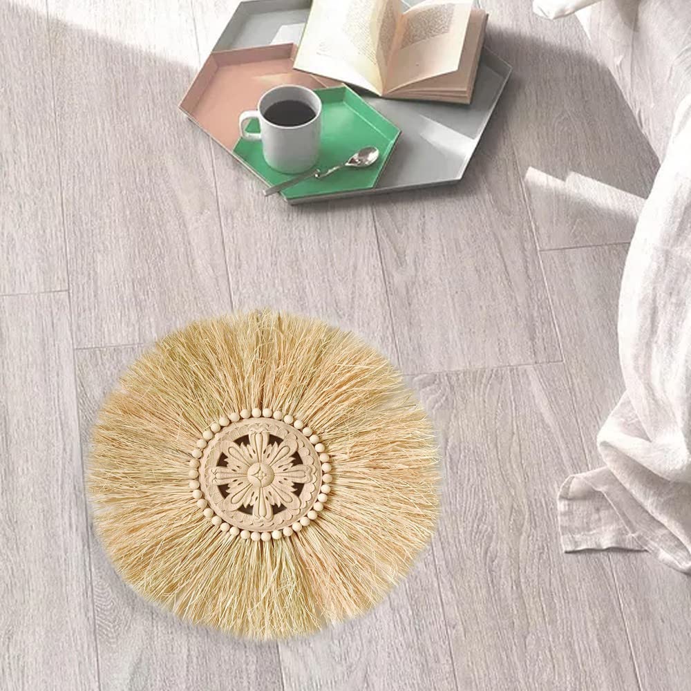 Hlsicnalm Boho Handmade Woven Straw Wall Decor Moroccan Wood Beads Wall Hanging Ornament Round Home Decoration for Living Room D