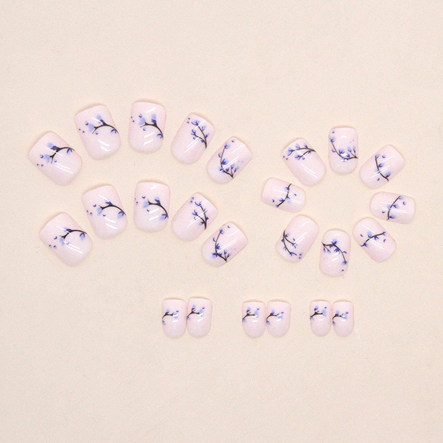 Short Press Cute Acrylic Nails - Glossy Glue on False Nails with Blue Floral Bud Designs - 24 Pcs