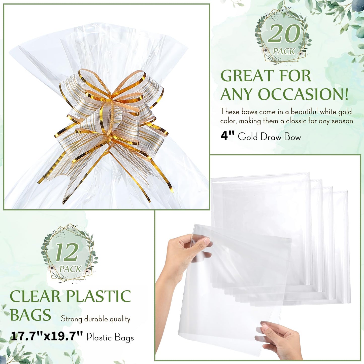 Thenshop 44 Pcs Basket for Gifts Empty Gift Basket Bulk Include 12 Cardboard Tray 12 Plastic Bags and 20 Pull Bows for Christmas Fall Halloween Birthday Wedding Party DIY Wrapping(Solid,Sage Green)