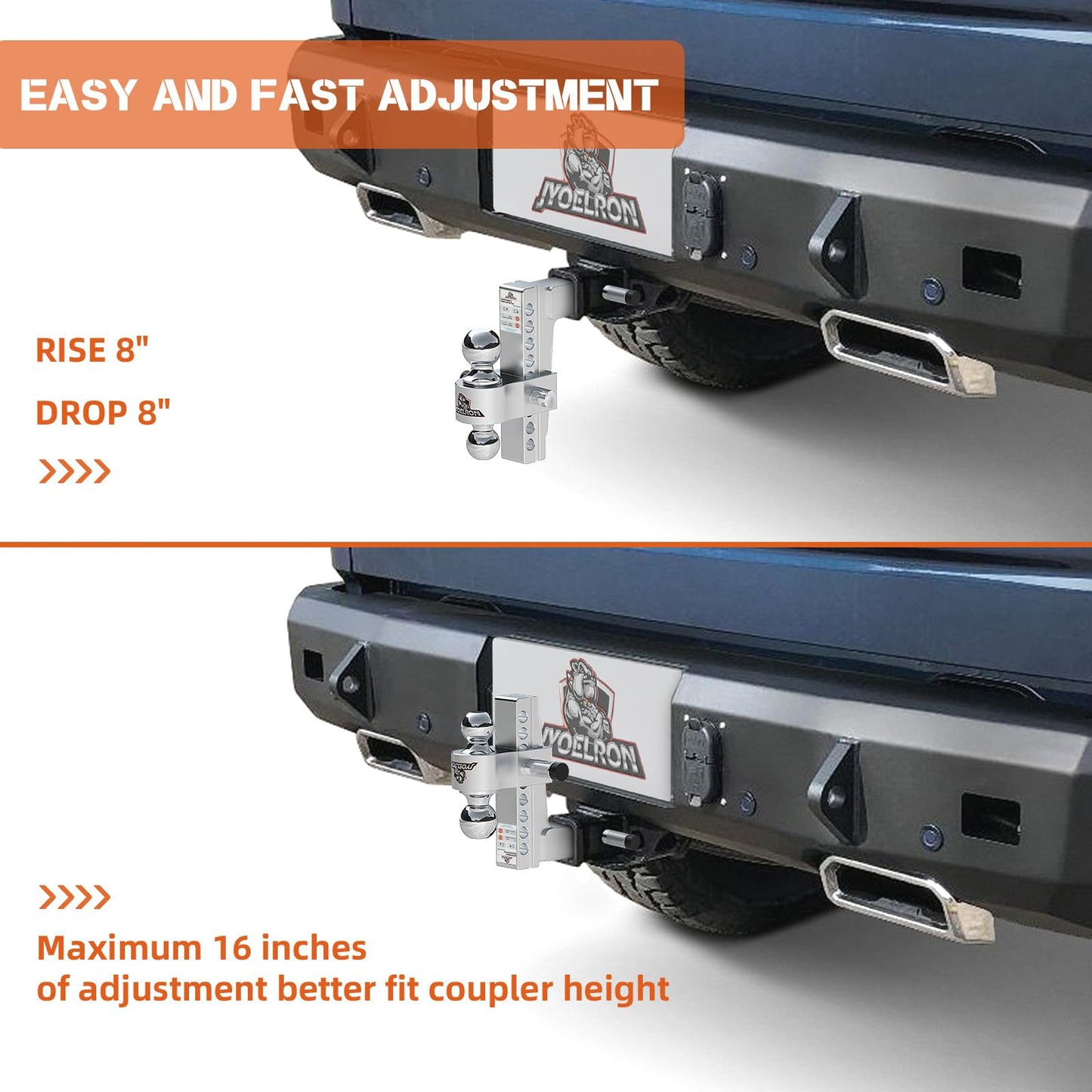 Adjustable Aluminum Trailer Hitch Ball Mount for 2" Receiver, Includes 2.5" Sleeve Adapter, 8" Drop/Rise, Dual Ball 2" & 2-5/16", 12,500 lbs GTW, Hitch Tightener with Locking Pins