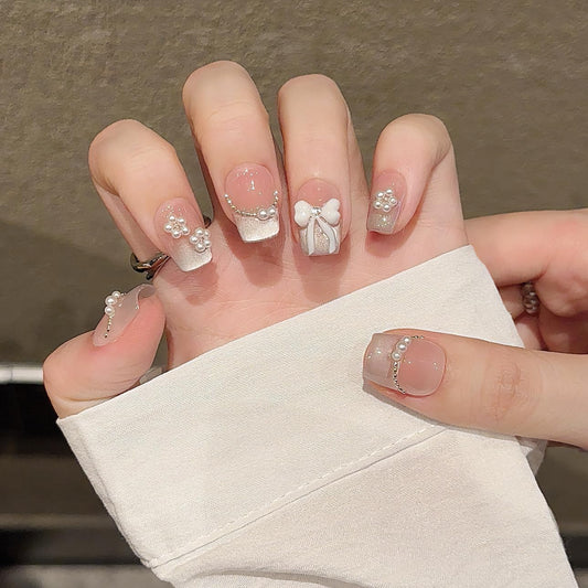 10PCS Luxury Handmade Press On Nails Nude Gradient Cat's Eye with Pearl Bow & Sparkling Rhinestones for Wedding & Party Reusable Almond Fake Nails Design Gift For Women and Girls (251101, XS)