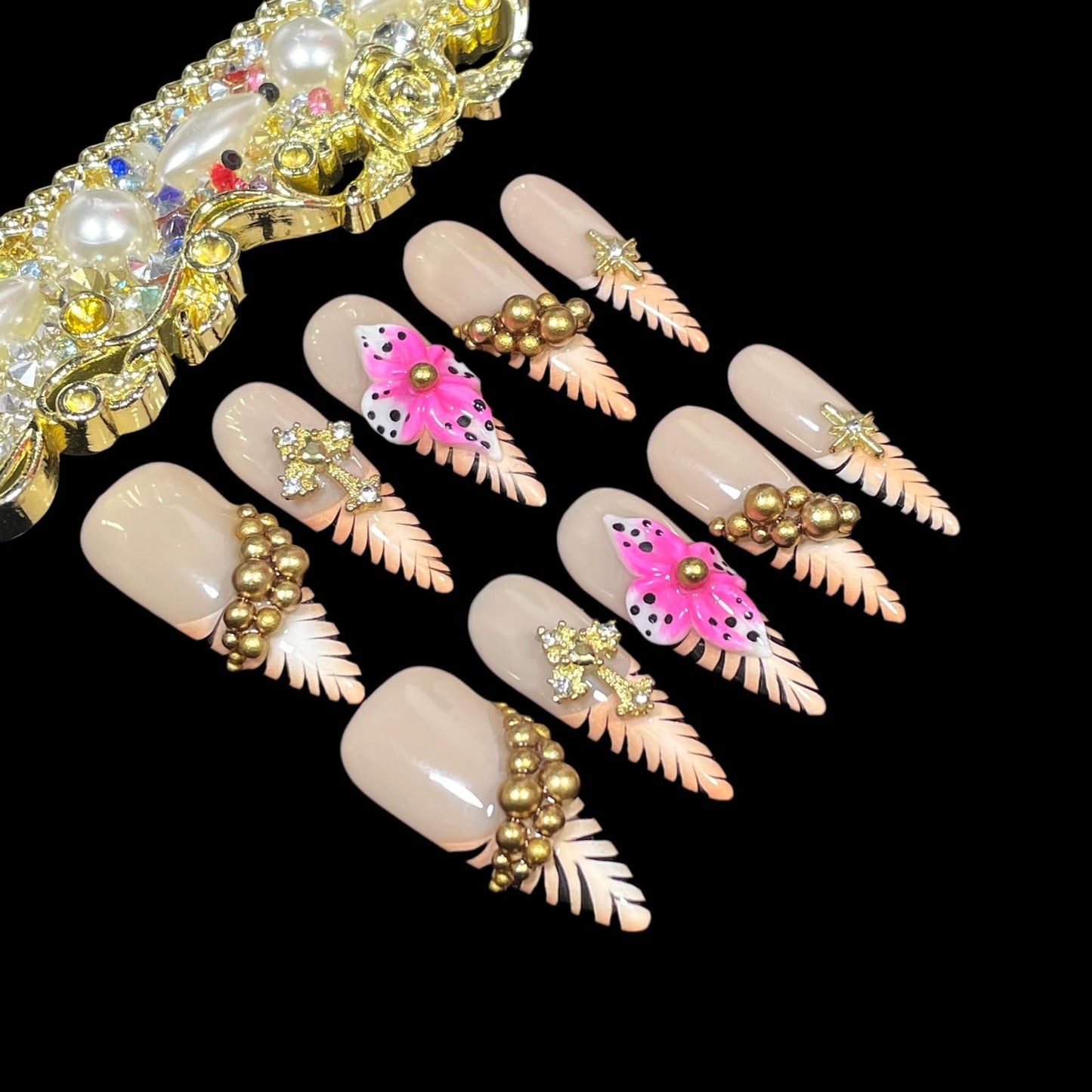 Luxury Handmade Press On Nails, Nude Pink Stiletto Tips with Gold Chains, 3D Flowers, Tiger Stripes, Reusable Acrylic False Nails (Tiger Luxe, L)
