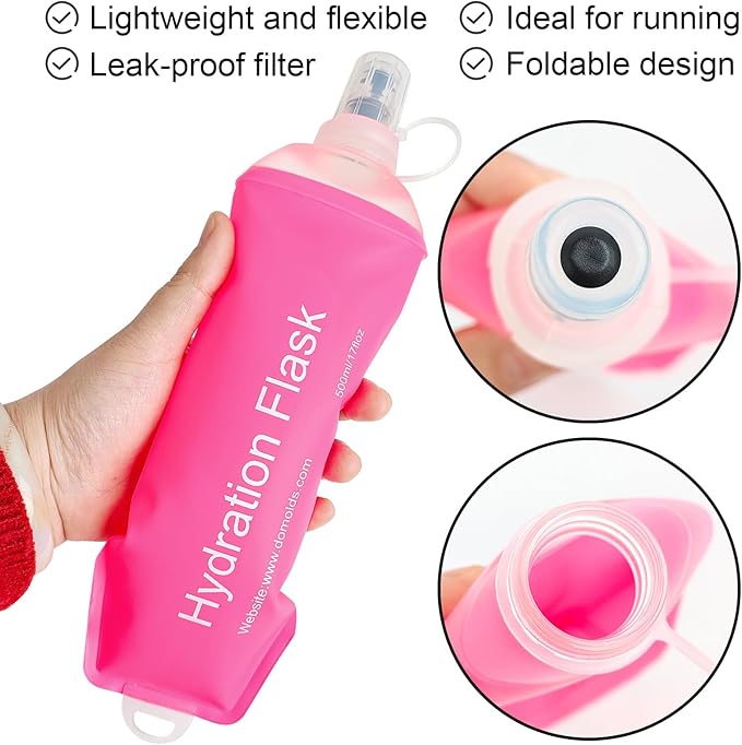 WILDREEDS 500ml Soft Flask, TPU Collapsible Soft Water Bottle for Hydration Pack, Running Vest, Folding Water Bottle for Hiking Cycling Climbing-1Pcs, Pink