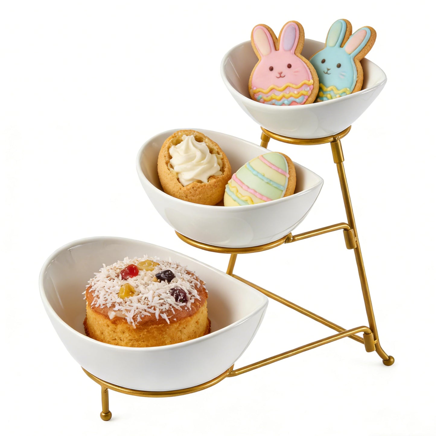 LYEOBOH 3 Tier Serving Bowls Set Tiered Serving Stand, Porcelain Oval Bowls with Collapsible Metal Stand for Entertaining, Party, Dessert Display, Candy, Chip and Dip (Gold)-45oz / 17.5oz / 7oz
