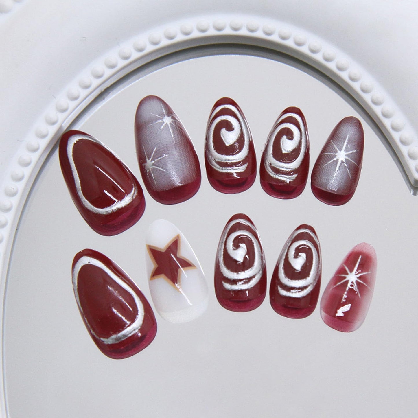 IMRAIN Press on Nails Medium Length Almond Fake Nails Red Silver False Nails with Star Designs Full Cover Glossy Acrylic Gothic Nail Supplies Stick on Nails Art Decoration for Women