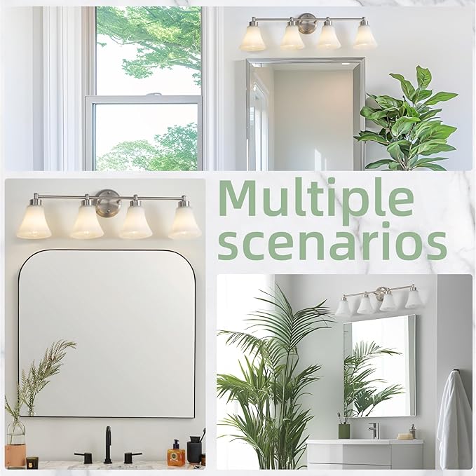 LOUSACE 4 Light Bathroom Vanity Light Brushed Nickel Bathroom Lighting Fixtures Over Mirror with Opal White Frosted Glass, Vintage Traditional Wall Lighting Fixture Satin Nickel Vanity Lights
