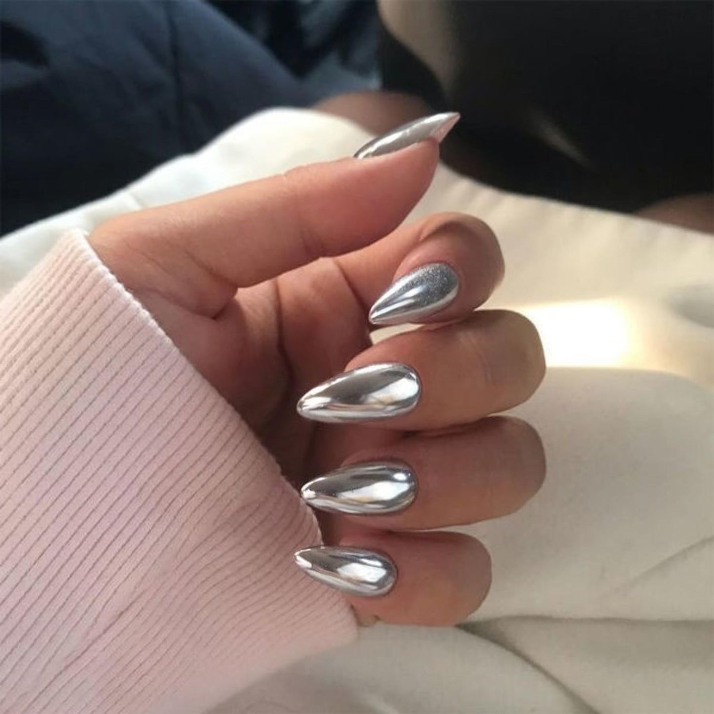 White Sliver Chrome Press on Nails Medium Almond, KQueenest Mirror Metal Stiletto Fake Acrylic Nails with Bling Design, Reusable Glue on Nails for Daily Party Wear, False Nails Press ons in24 PCS