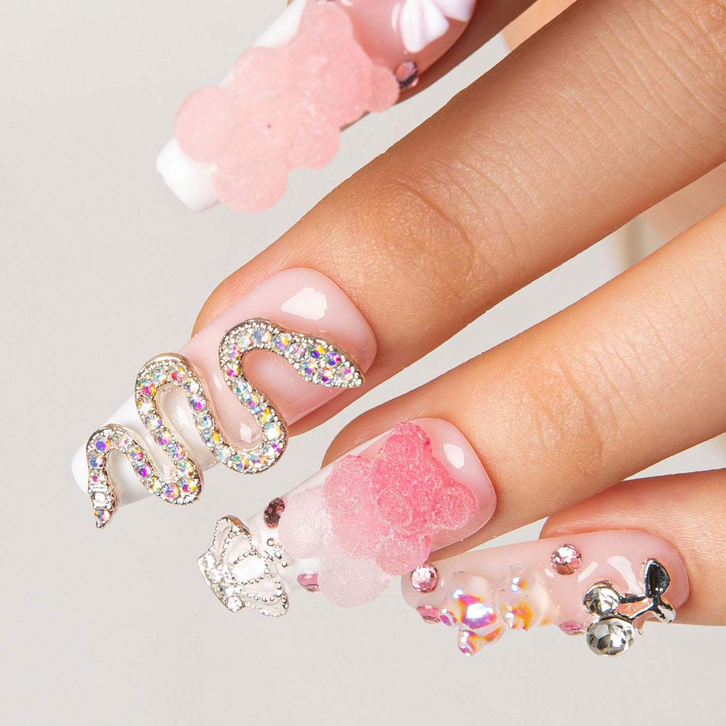 LOVFUL Press on Nails Marshmallo Gummy Bear Square | Handmade with Full Covered Crystals | Reusable Fake Nails | Coffin Classic Regular 1.3 in | H26-M
